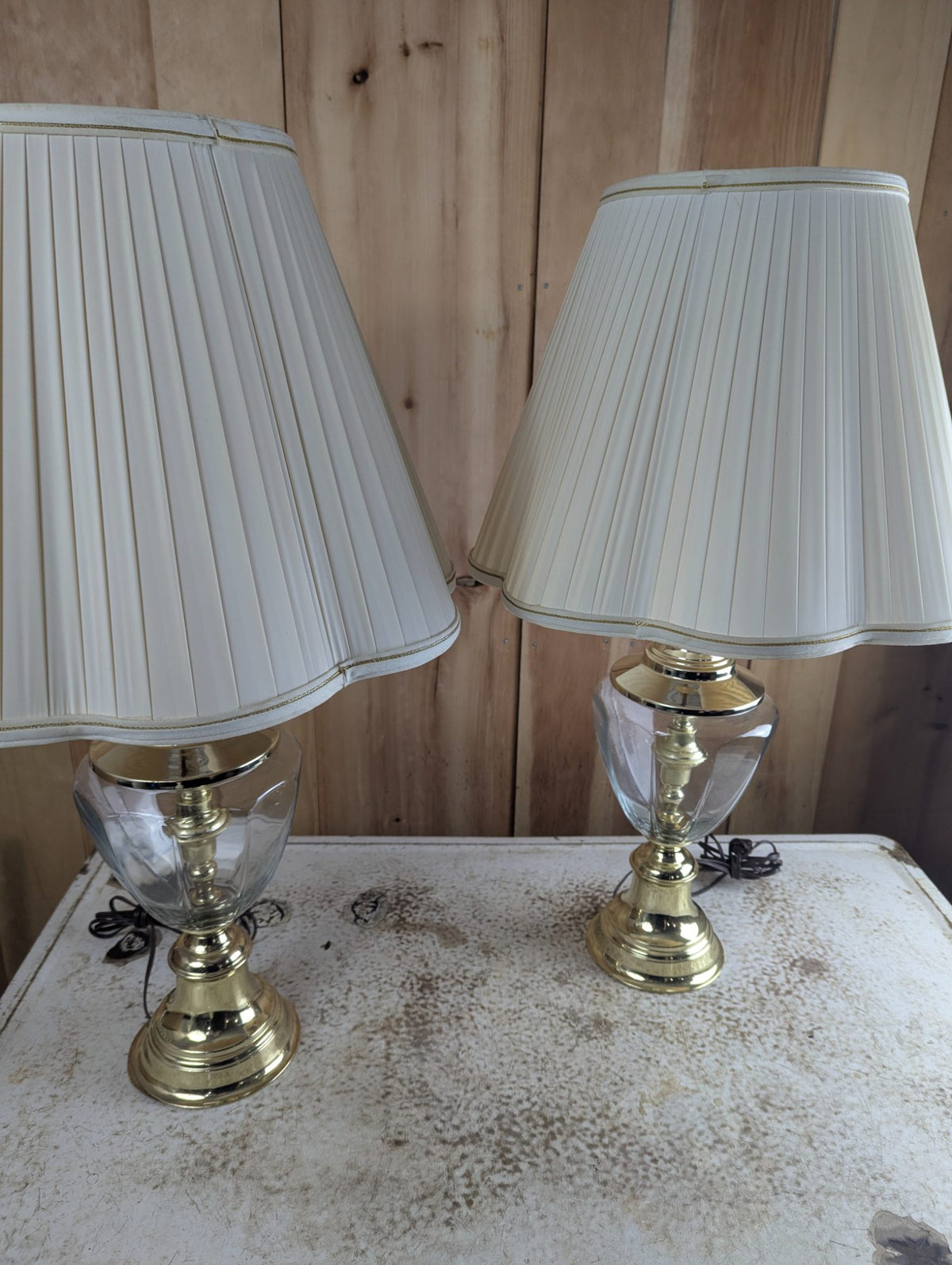 Pair of 29" Brass and Glass Hollywood Regency Style Table Lamps with Shades