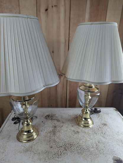 Pair of 29" Brass and Glass Hollywood Regency Style Table Lamps with Shades