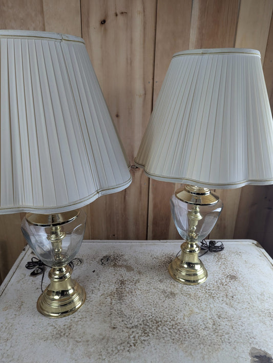Pair of 29" Brass and Glass Hollywood Regency Style Table Lamps with Shades
