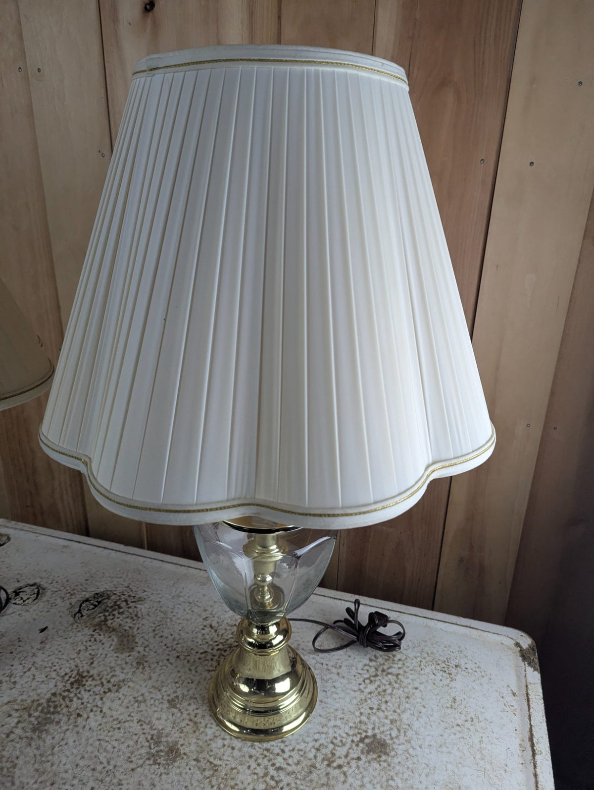 Pair of 29" Brass and Glass Hollywood Regency Style Table Lamps with Shades