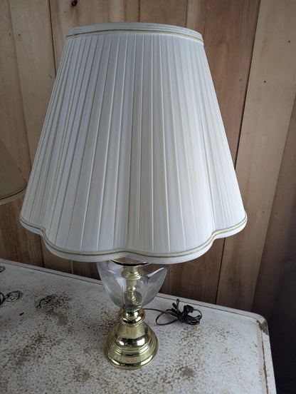Pair of 29" Brass and Glass Hollywood Regency Style Table Lamps with Shades