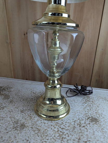 Pair of 29" Brass and Glass Hollywood Regency Style Table Lamps with Shades