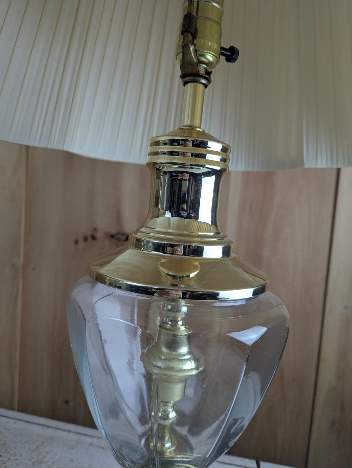 Pair of 29" Brass and Glass Hollywood Regency Style Table Lamps with Shades