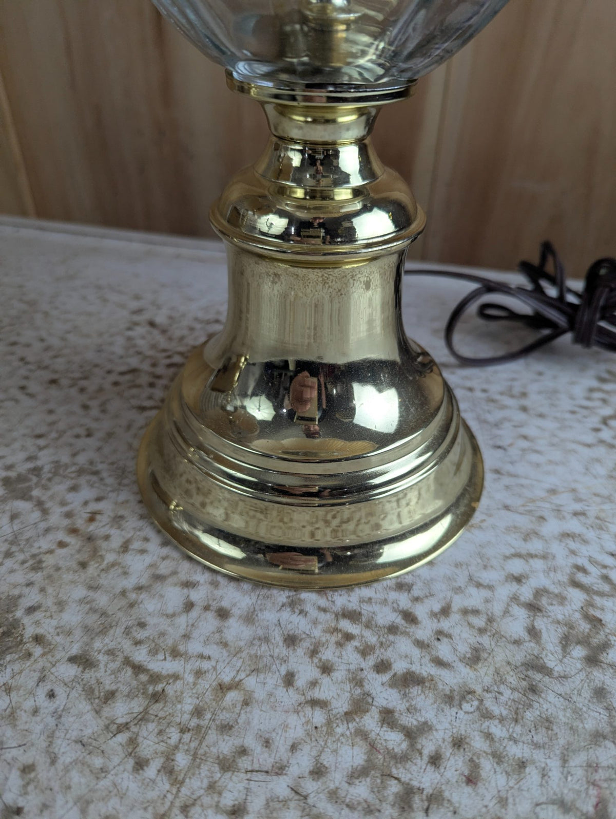 Pair of 29" Brass and Glass Hollywood Regency Style Table Lamps with Shades