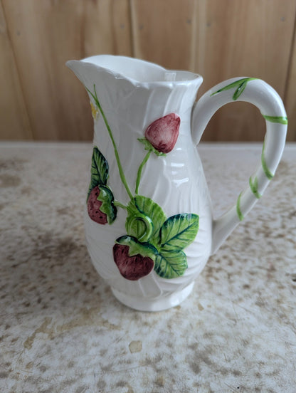 1950s Japanese Hand-Painted Majolica-Style 6.5" Ceramic Strawberry Cream Pitcher