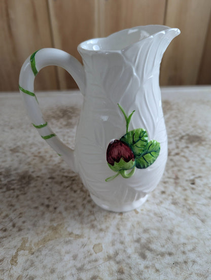 1950s Japanese Hand-Painted Majolica-Style 6.5" Ceramic Strawberry Cream Pitcher