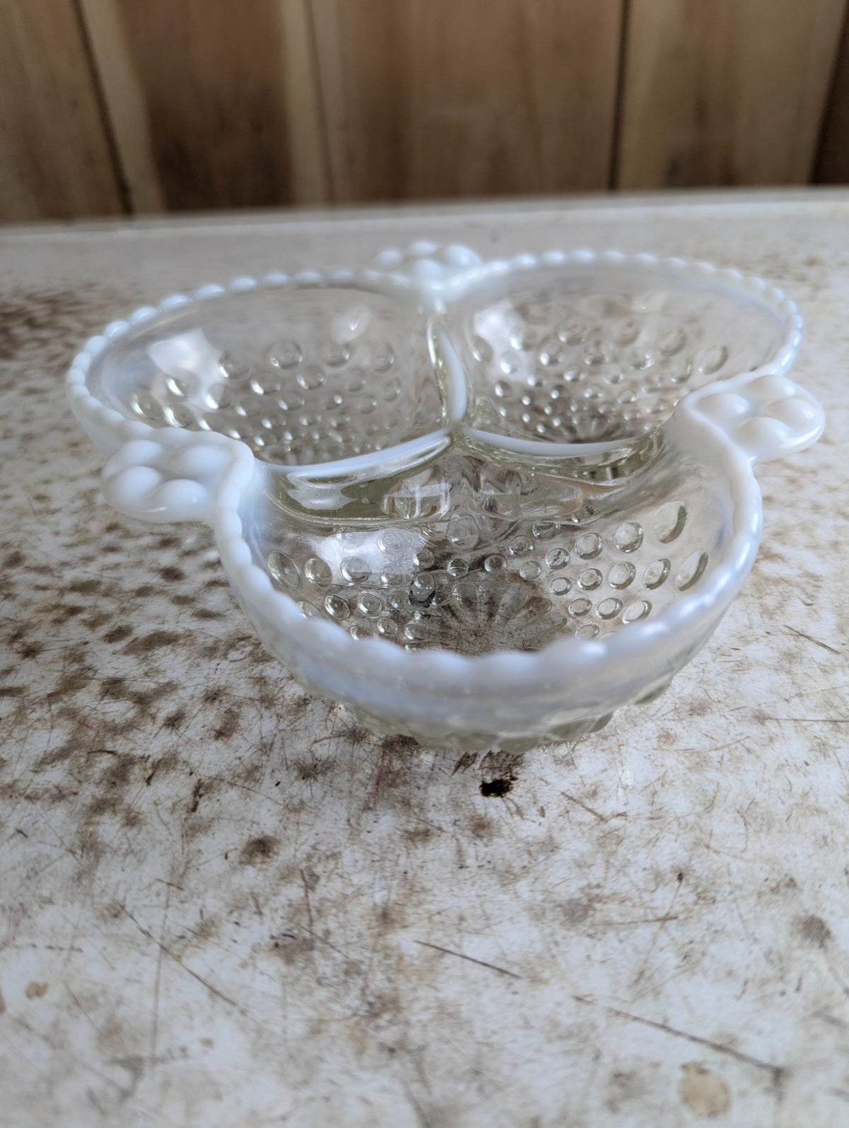 1940s Fenton 6.5" Moonstone Opalescent Hobnail Glass 3 Section Dish - Defect