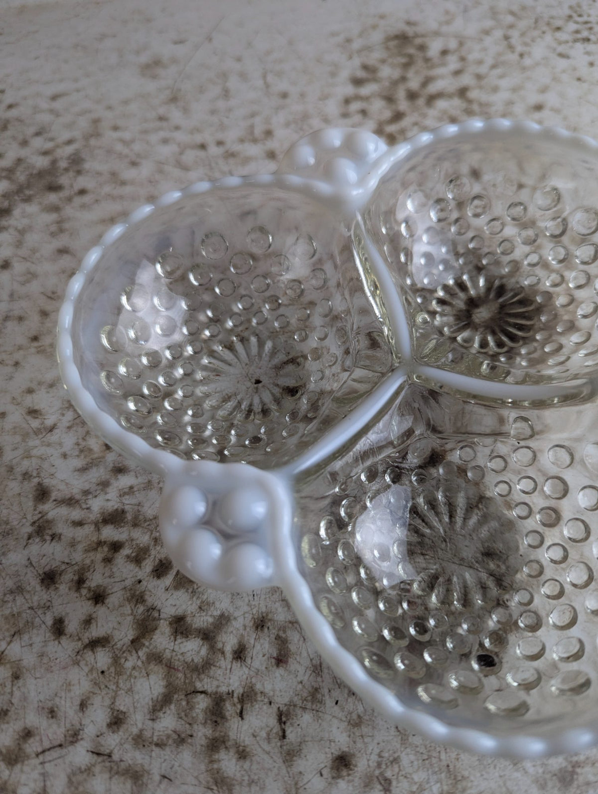 1940s Fenton 6.5" Moonstone Opalescent Hobnail Glass 3 Section Dish - Defect
