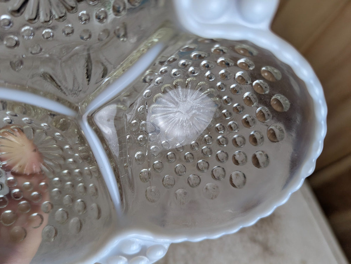 1940s Fenton 6.5" Moonstone Opalescent Hobnail Glass 3 Section Dish - Defect