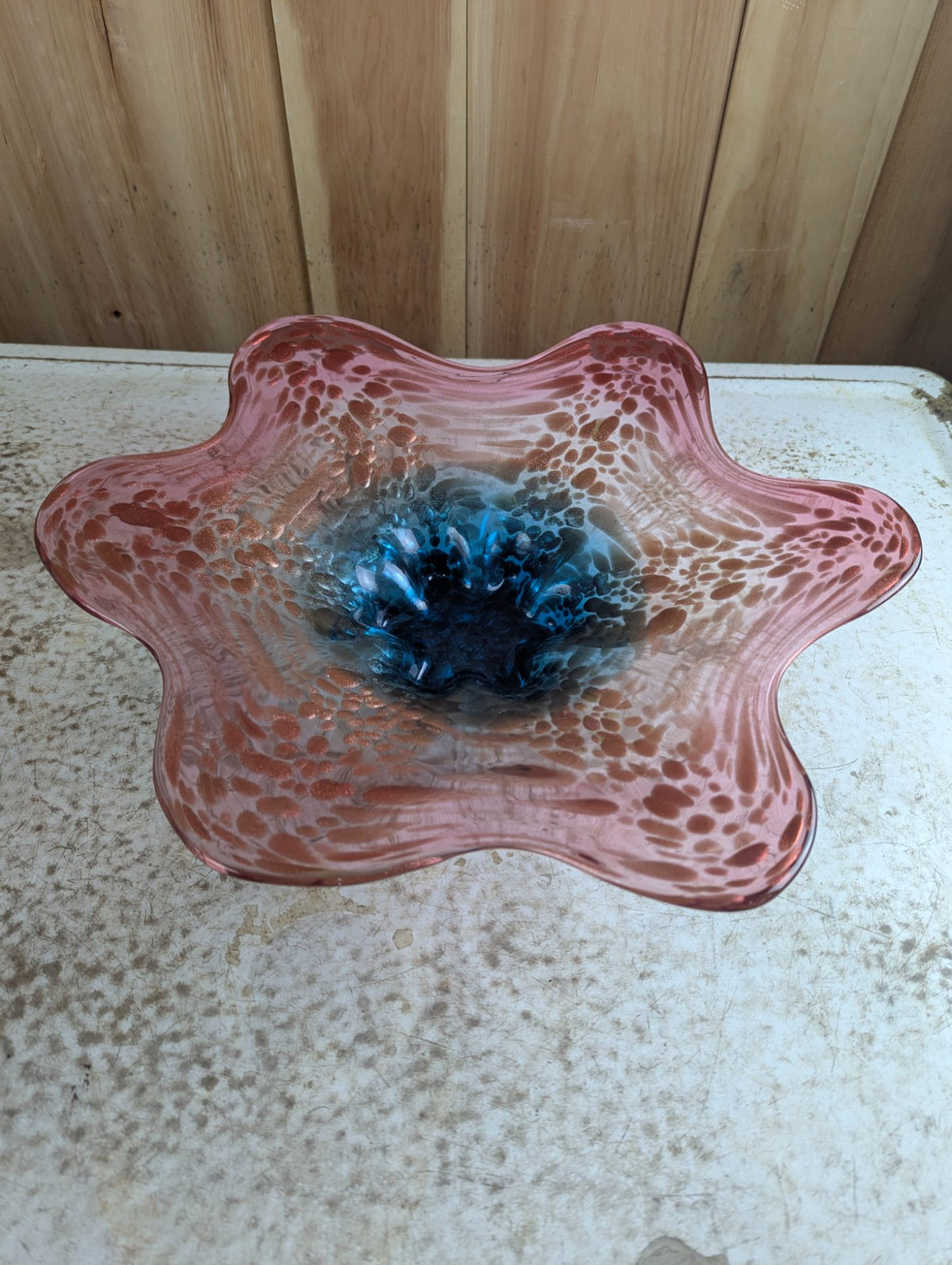 Vintage 15.5" MCM Hand-Blown Pink and Copper to Blue Art Glass Bowl