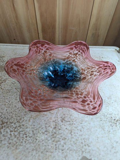 Vintage 15.5" MCM Hand-Blown Pink and Copper to Blue Art Glass Bowl