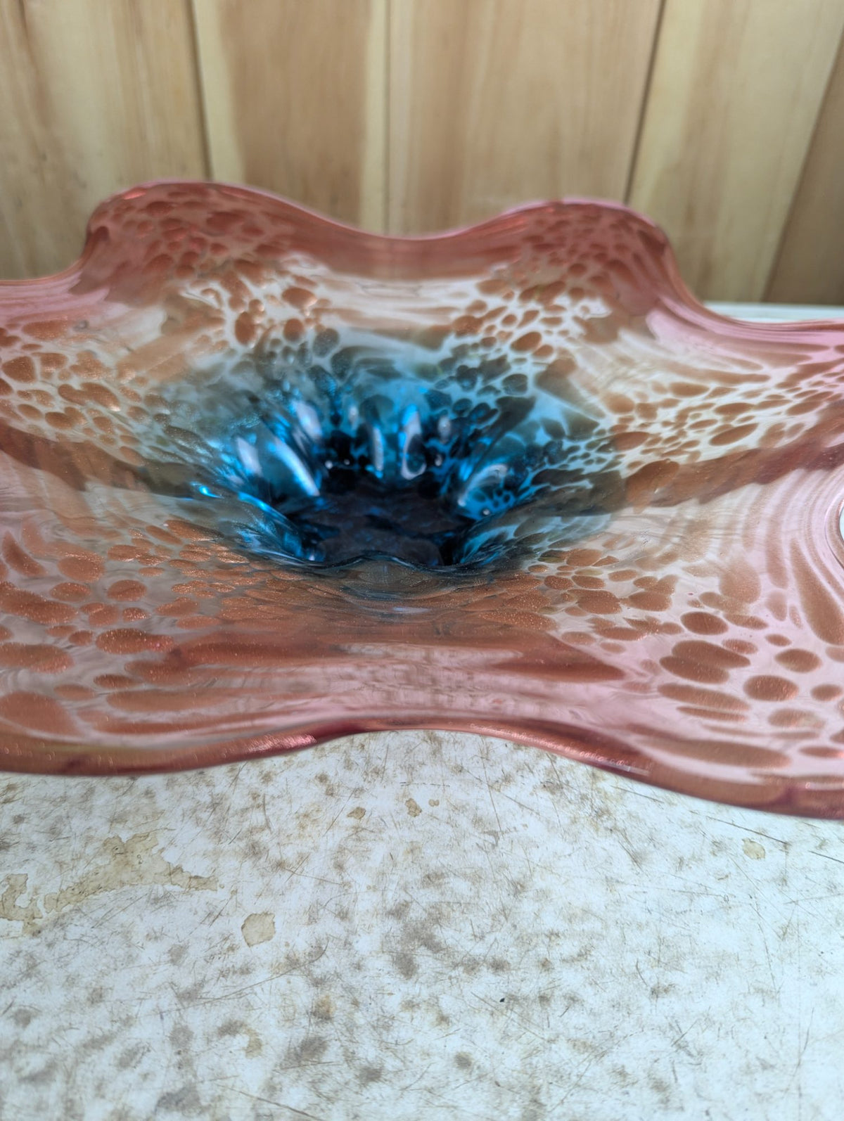 Vintage 15.5" MCM Hand-Blown Pink and Copper to Blue Art Glass Bowl