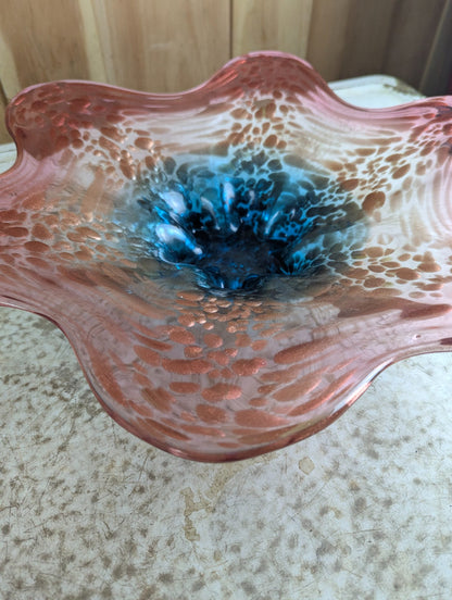 Vintage 15.5" MCM Hand-Blown Pink and Copper to Blue Art Glass Bowl