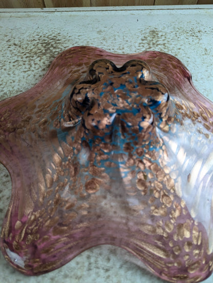 Vintage 15.5" MCM Hand-Blown Pink and Copper to Blue Art Glass Bowl