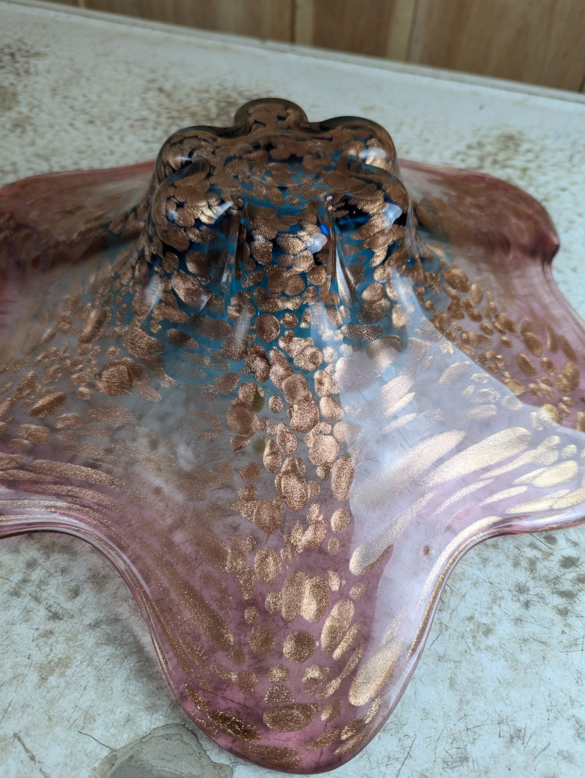 Vintage 15.5" MCM Hand-Blown Pink and Copper to Blue Art Glass Bowl