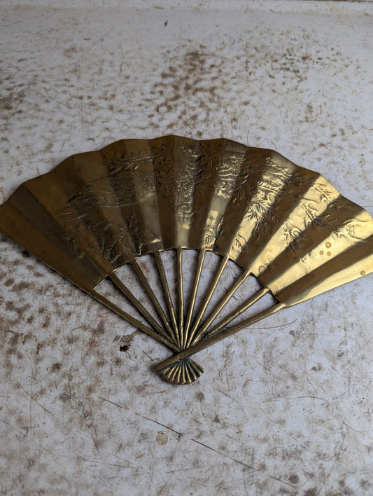 Vintage 11" Wide Taiwanese Solid Brass Embossed Fan Decoration