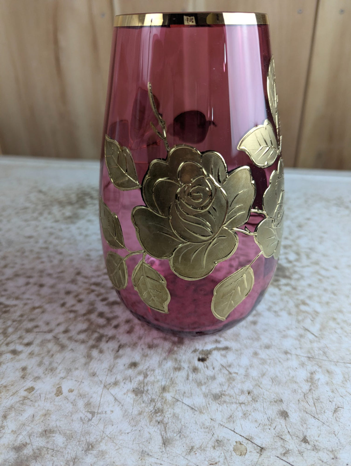 Vintage 7" Tall Bohemian Cranberry Glass Vase with Gilt Rose Pattern