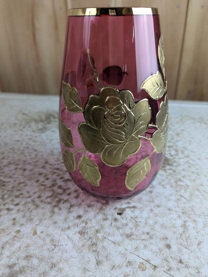 Vintage 7" Tall Bohemian Cranberry Glass Vase with Gilt Rose Pattern