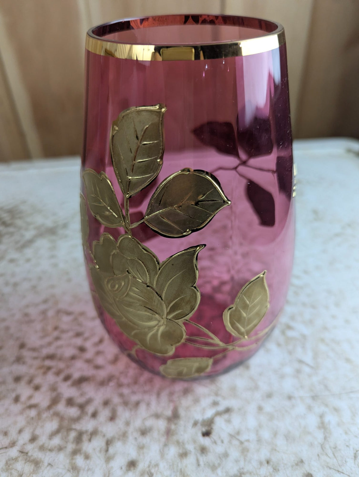 Vintage 7" Tall Bohemian Cranberry Glass Vase with Gilt Rose Pattern