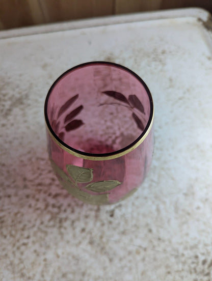 Vintage 7" Tall Bohemian Cranberry Glass Vase with Gilt Rose Pattern