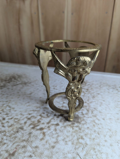 Vintage 5" Tall Indian Solid Brass Tripod Plant Stand with Cherub Design