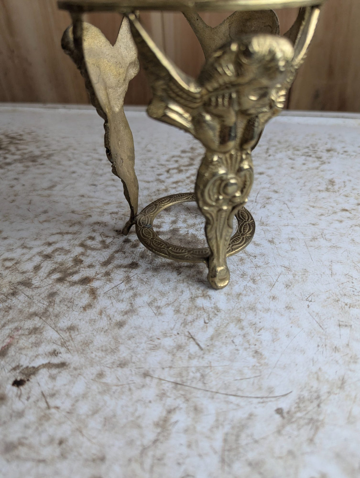 Vintage 5" Tall Indian Solid Brass Tripod Plant Stand with Cherub Design