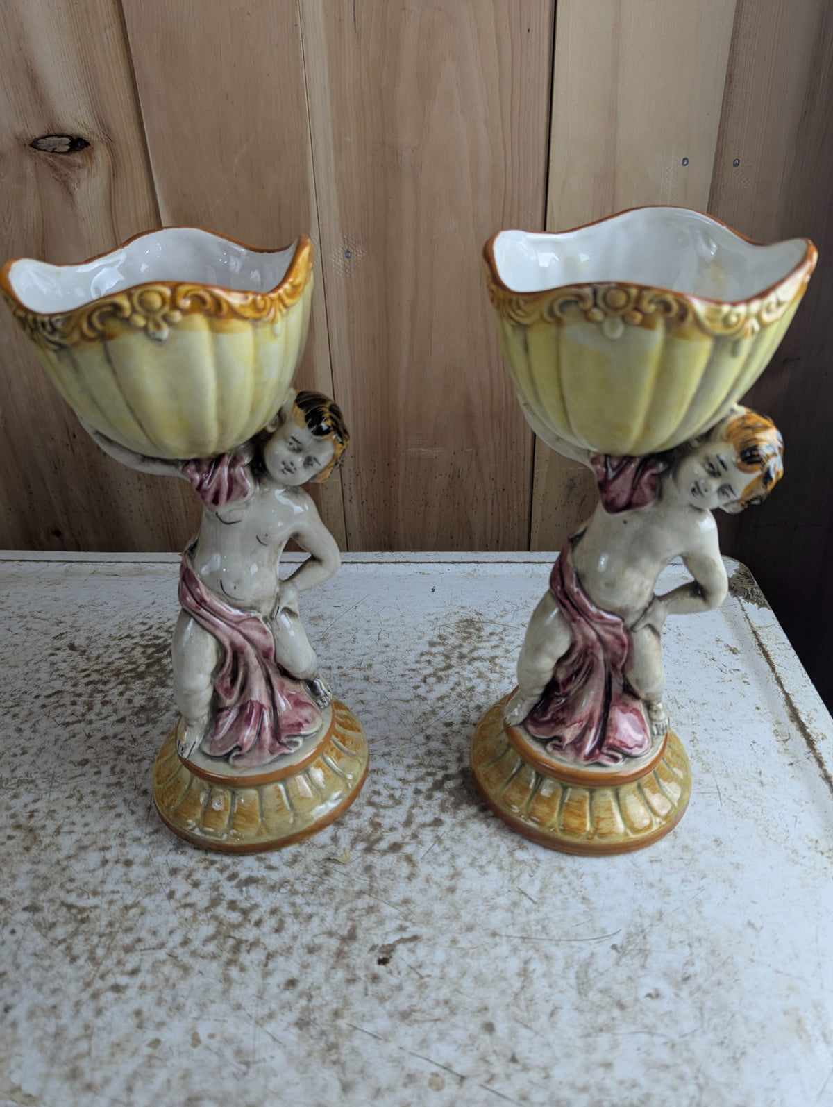 Pair of Vintage Italian Capodimonte Ceramic Cherub Planters Jardinieres 11" Tall