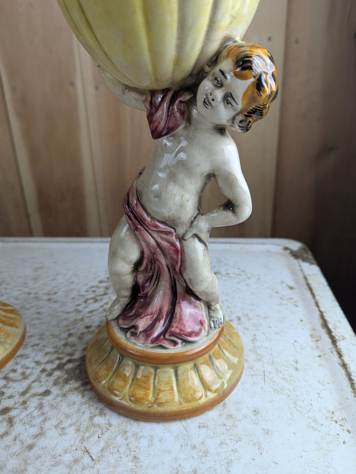 Pair of Vintage Italian Capodimonte Ceramic Cherub Planters Jardinieres 11" Tall