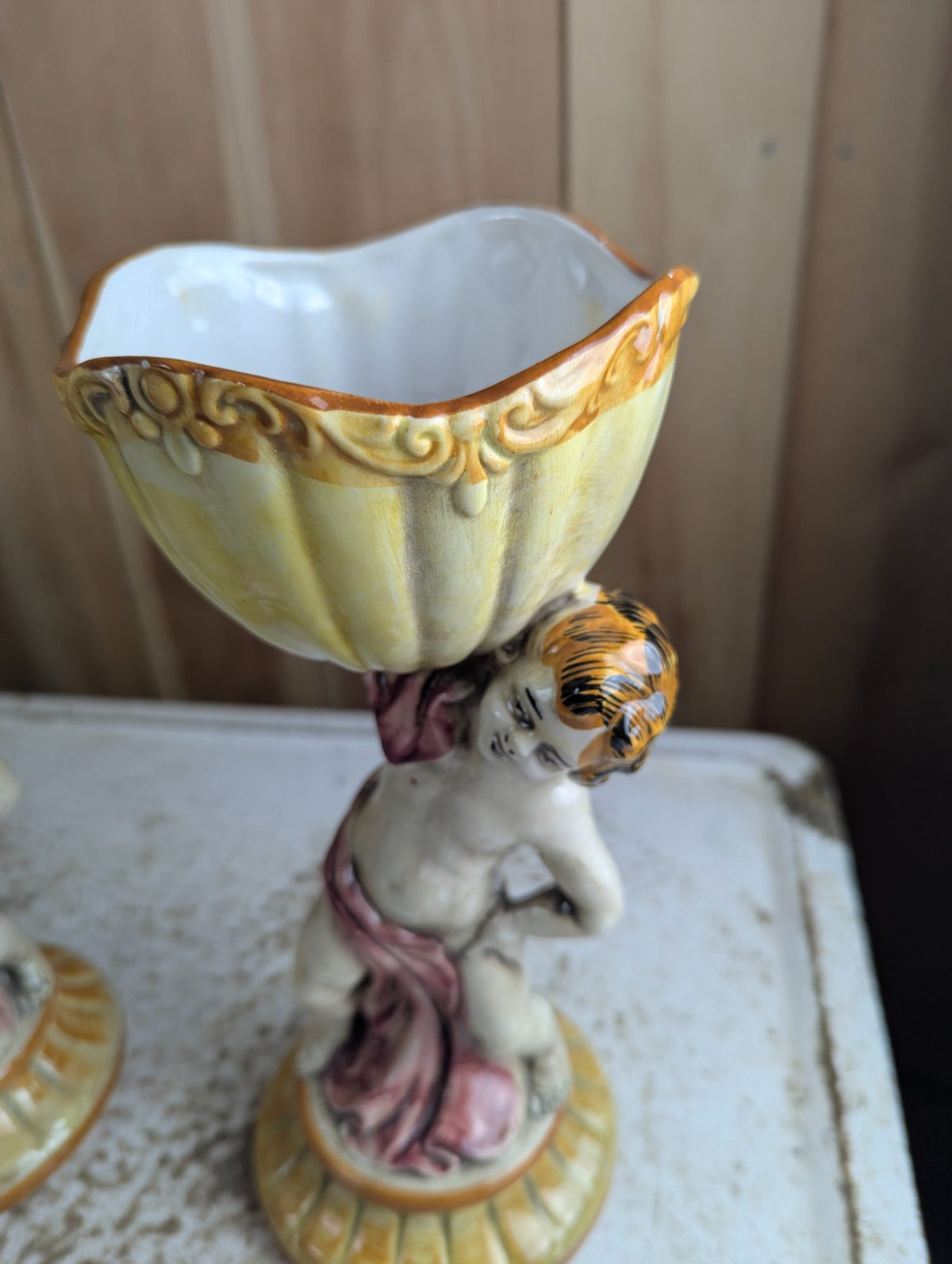 Pair of Vintage Italian Capodimonte Ceramic Cherub Planters Jardinieres 11" Tall