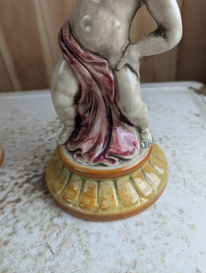 Pair of Vintage Italian Capodimonte Ceramic Cherub Planters Jardinieres 11" Tall