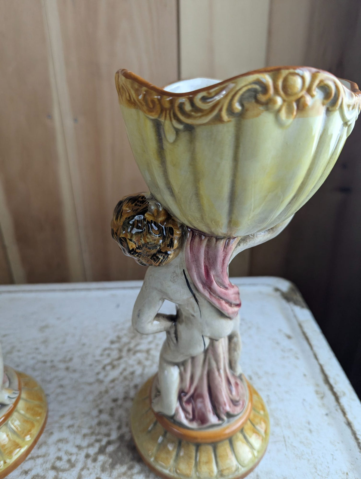 Pair of Vintage Italian Capodimonte Ceramic Cherub Planters Jardinieres 11" Tall