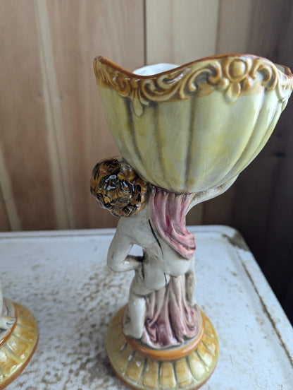 Pair of Vintage Italian Capodimonte Ceramic Cherub Planters Jardinieres 11" Tall
