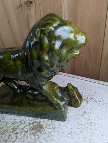 Vintage CAC Canada Green Glaze Ceramic Lion Sculpture 12" x 10" H