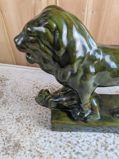 Vintage CAC Canada Green Glaze Ceramic Lion Sculpture 12" x 10" H