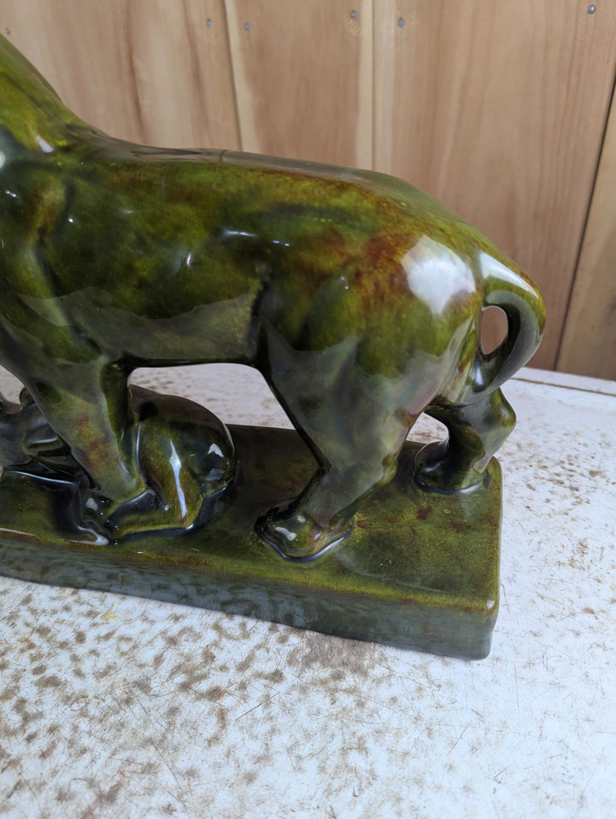 Vintage CAC Canada Green Glaze Ceramic Lion Sculpture 12" x 10" H