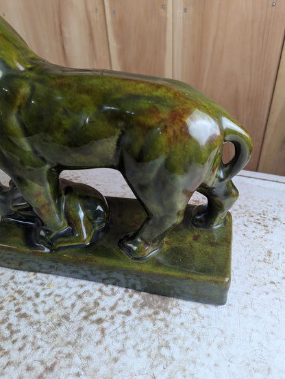 Vintage CAC Canada Green Glaze Ceramic Lion Sculpture 12" x 10" H