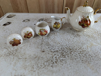 5 Piece Vintage Sadler Swirl Ceramic Teapot, Cream, Sugar, Salt and Pepper, with Fruit Print and Gold Trim