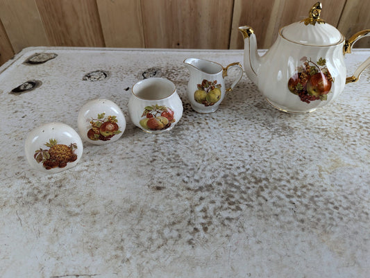 5 Piece Vintage Sadler Swirl Ceramic Teapot, Cream, Sugar, Salt and Pepper, with Fruit Print and Gold Trim