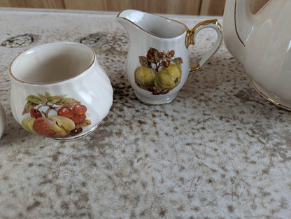 5 Piece Vintage Sadler Swirl Ceramic Teapot, Cream, Sugar, Salt and Pepper, with Fruit Print and Gold Trim