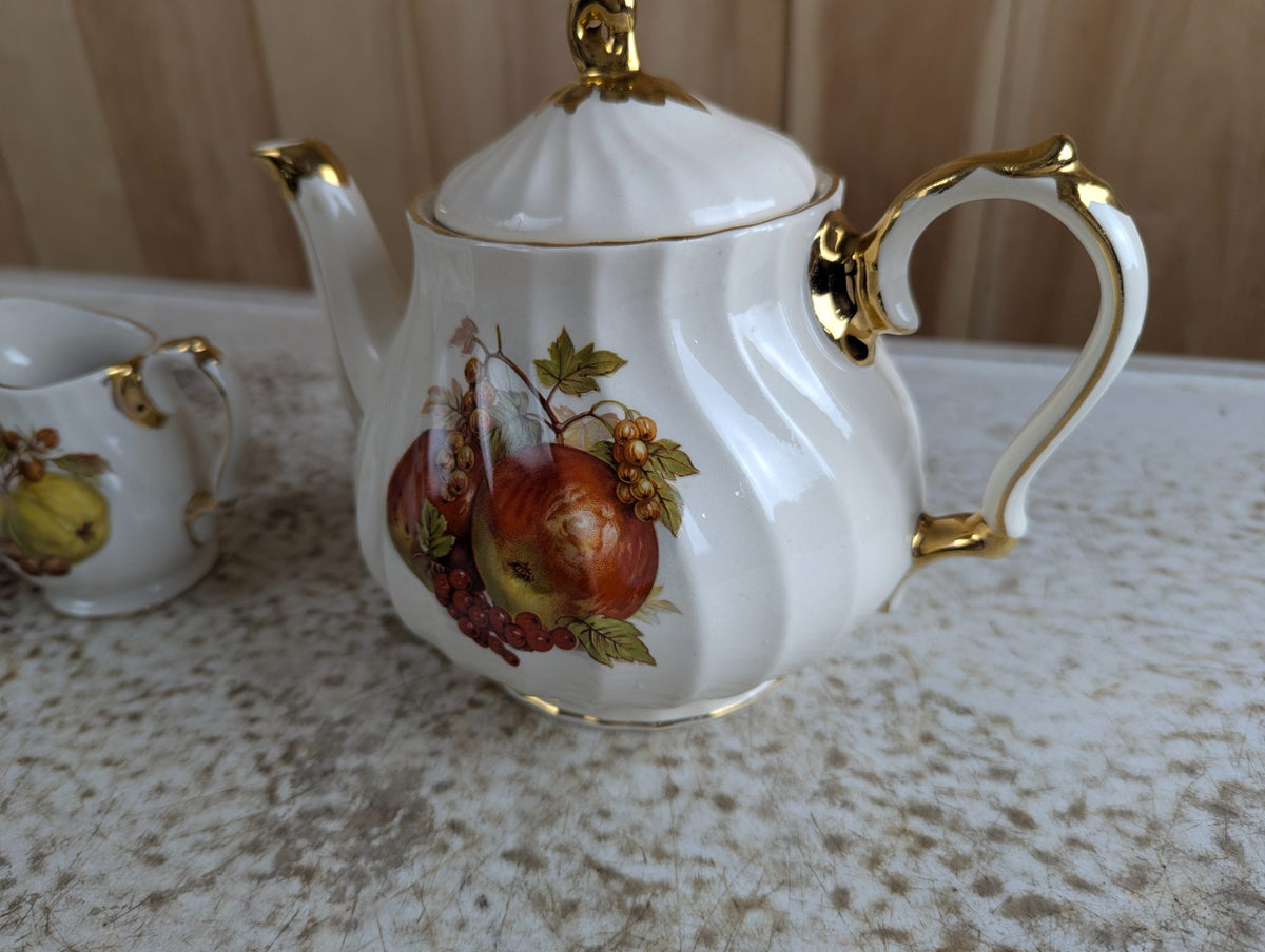 5 Piece Vintage Sadler Swirl Ceramic Teapot, Cream, Sugar, Salt and Pepper, with Fruit Print and Gold Trim