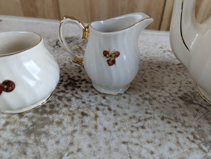 5 Piece Vintage Sadler Swirl Ceramic Teapot, Cream, Sugar, Salt and Pepper, with Fruit Print and Gold Trim