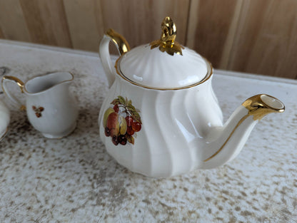 5 Piece Vintage Sadler Swirl Ceramic Teapot, Cream, Sugar, Salt and Pepper, with Fruit Print and Gold Trim