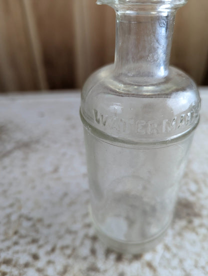 Antique Waterman's 8 oz Master Ink Clear Glass Embossed Bottle with Spout