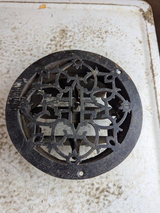 Antique 7" Round Cast Iron Floor Crate With Working Louver