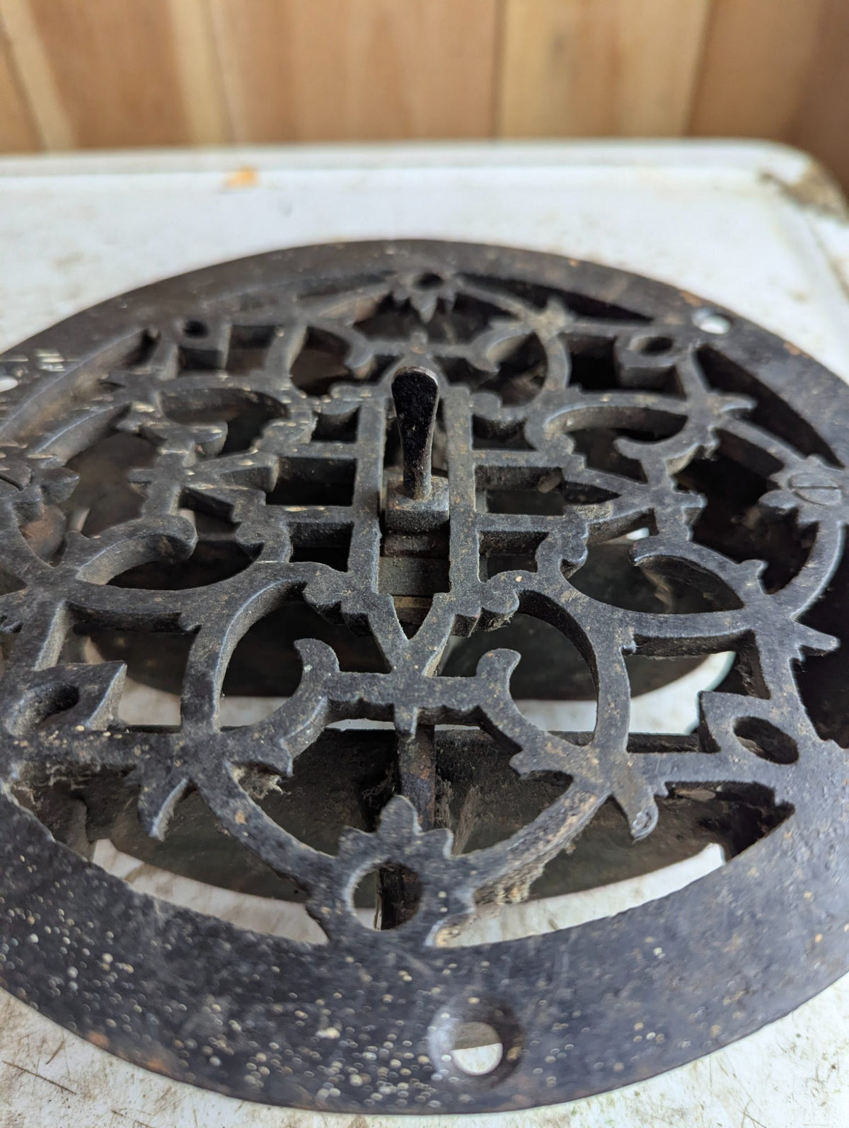 Antique 7" Round Cast Iron Floor Crate With Working Louver