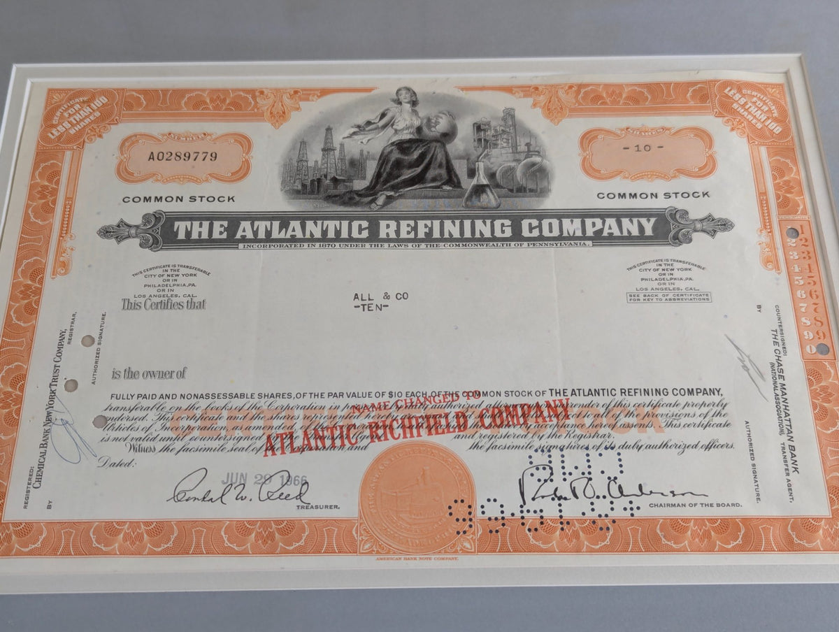 Framed Vintage Atlantic Refining Company Common Stock Certificate