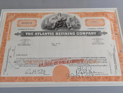 Framed Vintage Atlantic Refining Company Common Stock Certificate