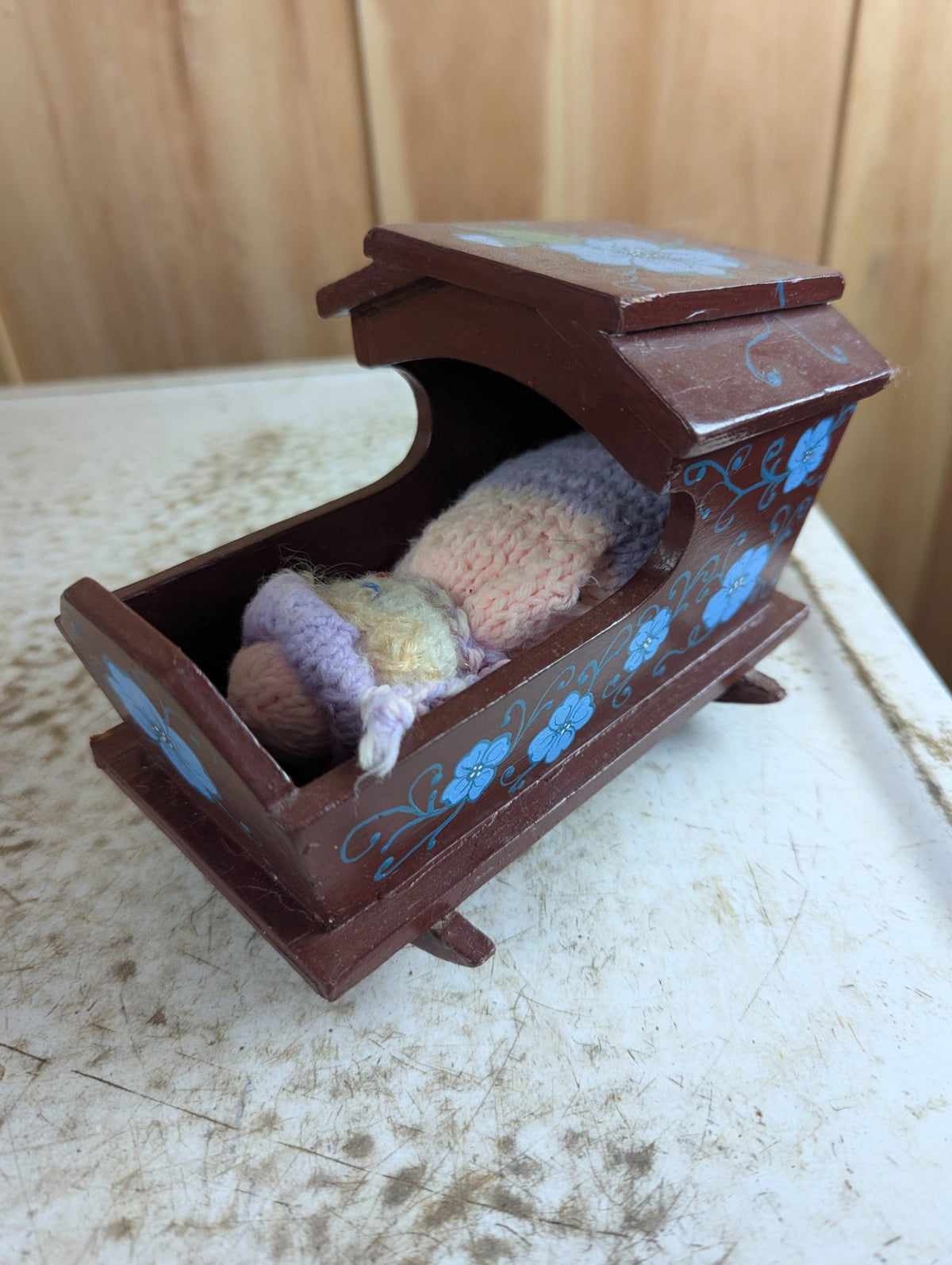 Vintage Hand Painted Miniature Wooden Hooded Rocking Cradle with Knitted Baby Doll