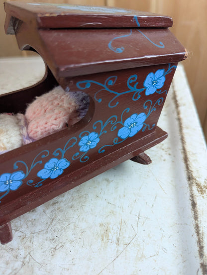 Vintage Hand Painted Miniature Wooden Hooded Rocking Cradle with Knitted Baby Doll