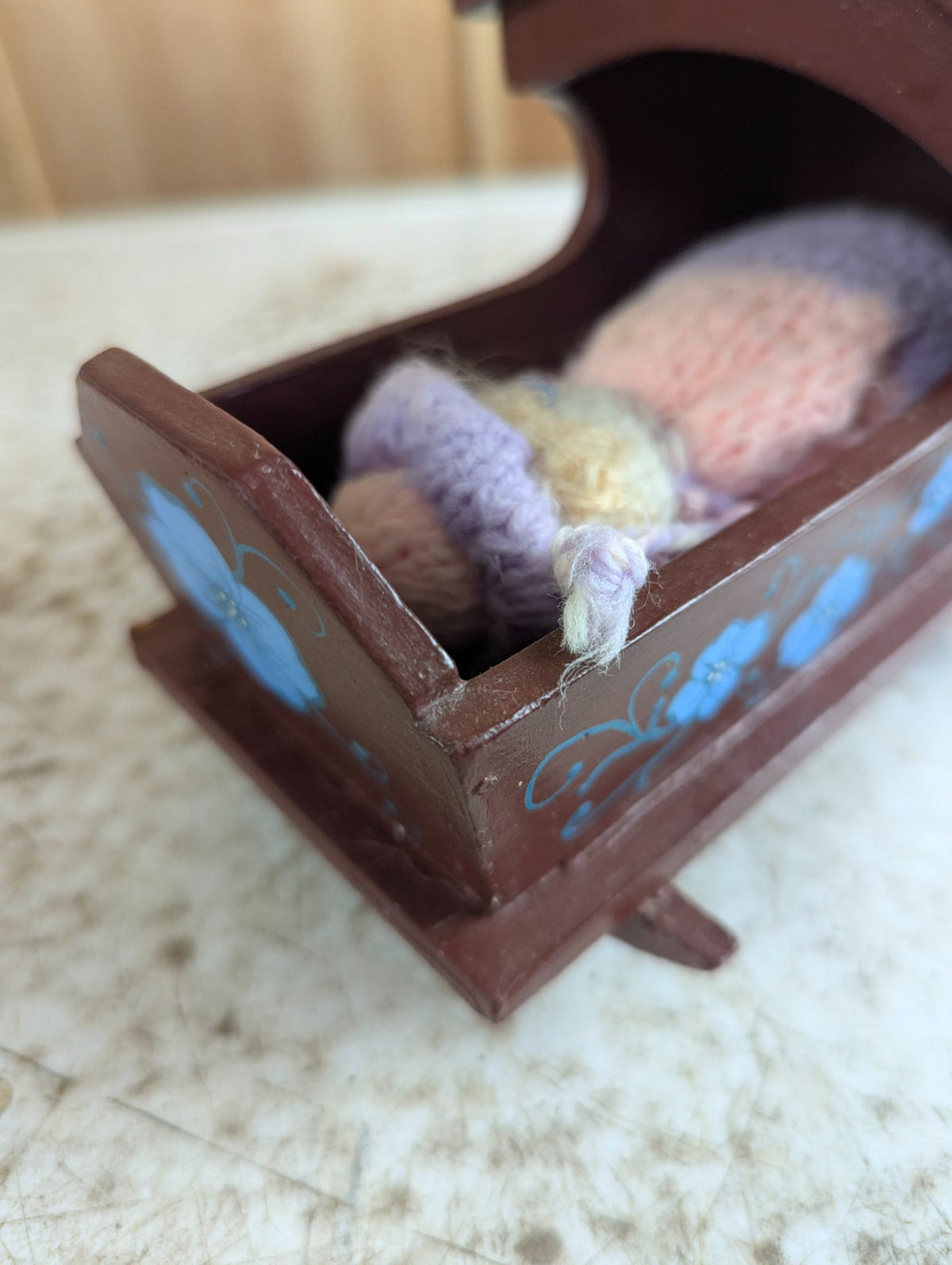 Vintage Hand Painted Miniature Wooden Hooded Rocking Cradle with Knitted Baby Doll